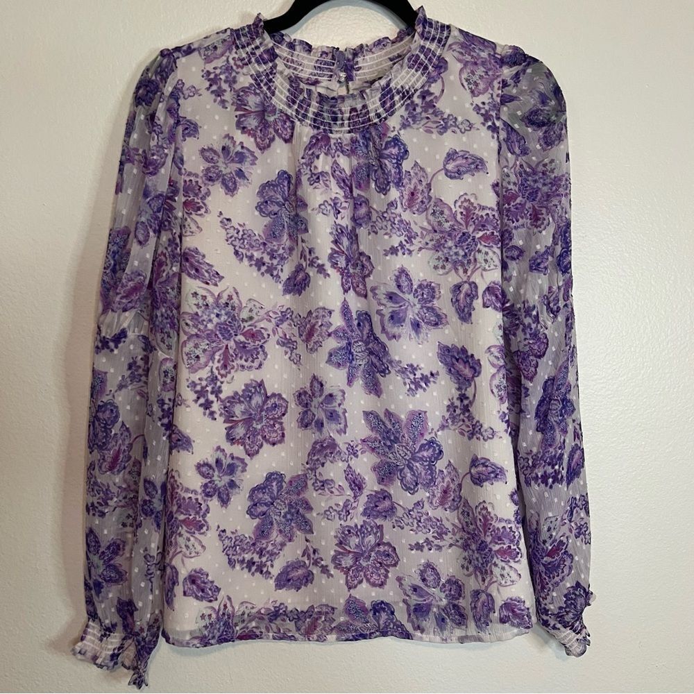 Loft Blouse Purple Floral Smocked Neck And Wrist Long Sleeve Size Small